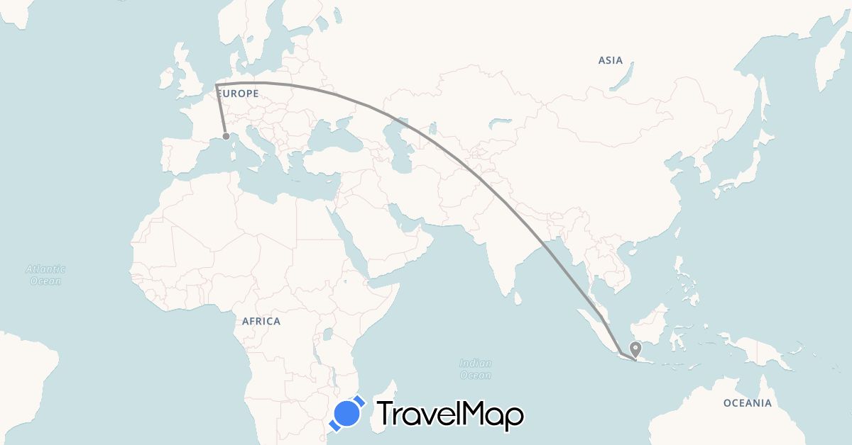TravelMap itinerary: driving, plane in France, Indonesia, Malaysia, Netherlands (Asia, Europe)